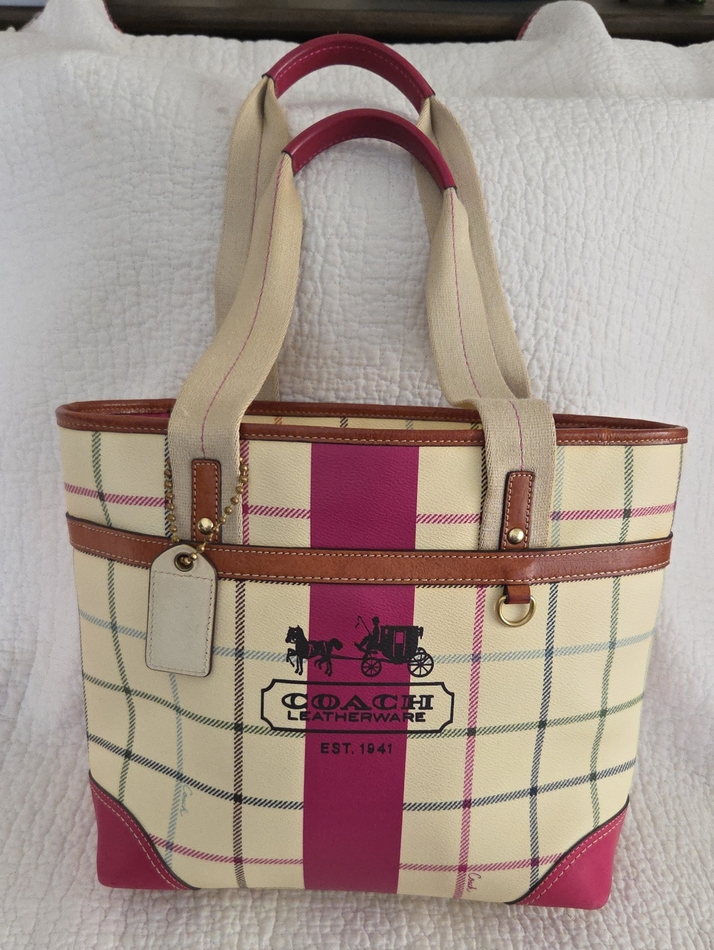 Coach Heritage Fuchsia Stripe Multi Plaid Tattersall Tote
